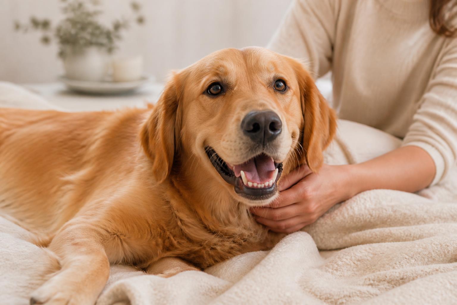 A healthy golden retriever relaxing at home with its owner in soft natural light